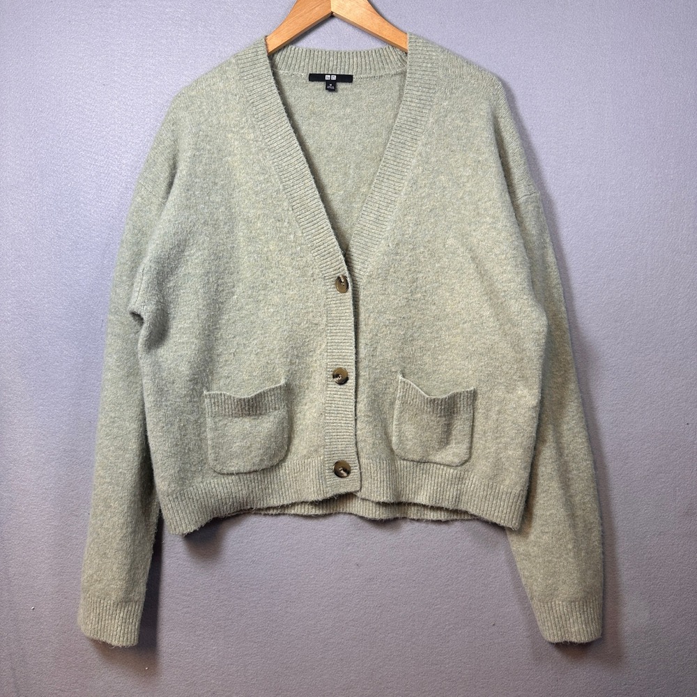 Uniqlo Souffle Yarn V-Neck Cardigan Sage Green Knit Cottagecore Womens Medium